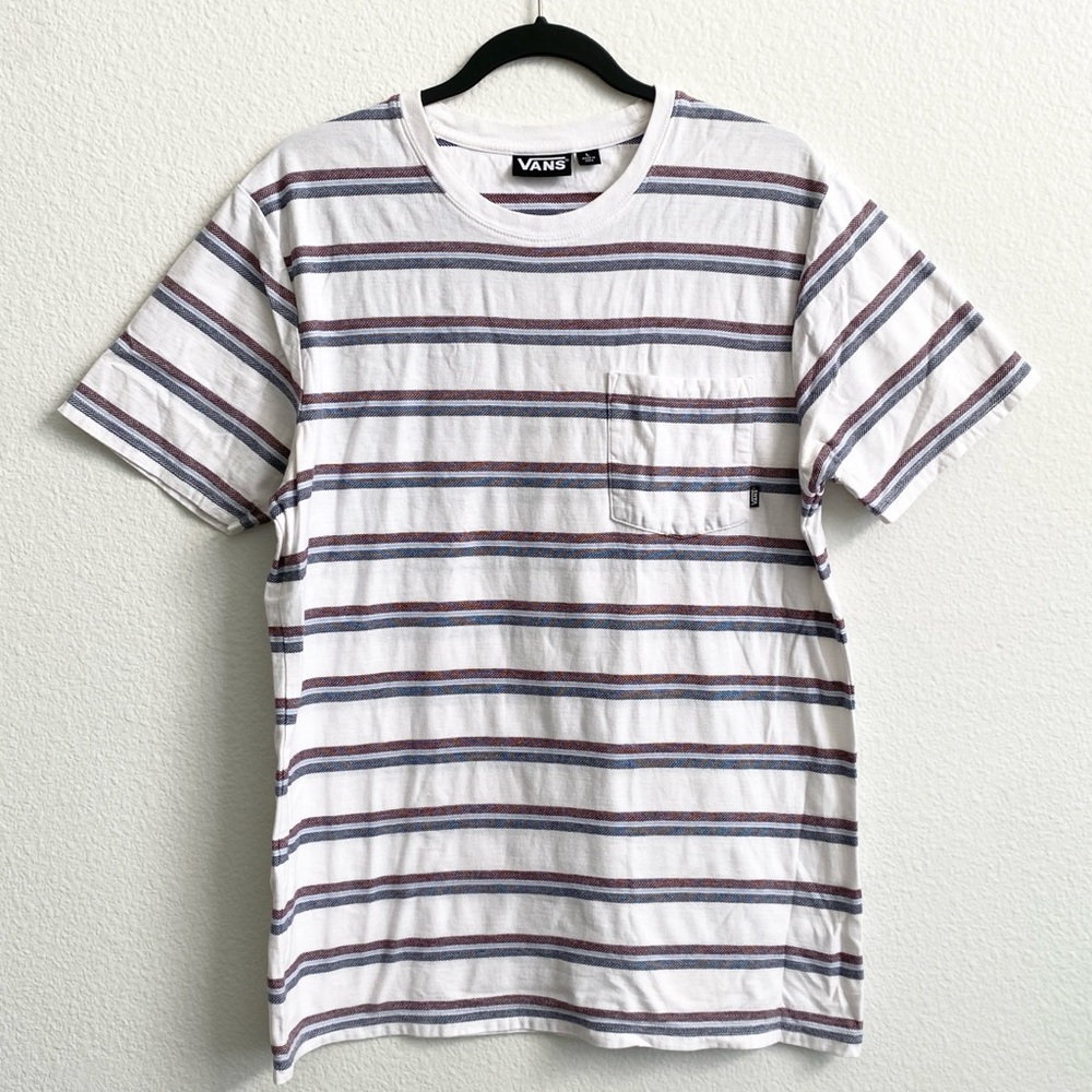 Vans Men's White w/Blue & Red Stripes Short Sleeve Pocket Tee Shirt